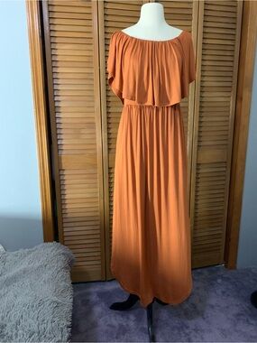 Off-Shoulder Rust Orange Maxi Dress with Elastic Waist